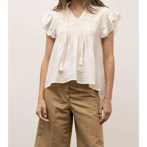 NWT Moon River Cream Polka Dot Asymmetrical Flutter Short Sleeve Blouse